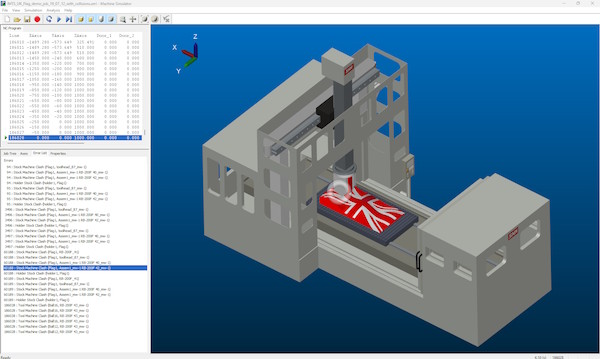An image showing a clash reproduced in the MachineSimulator reference App, with sidebar panels showing the current position in the toolpath and the list of clashes for the job computed by the GPU