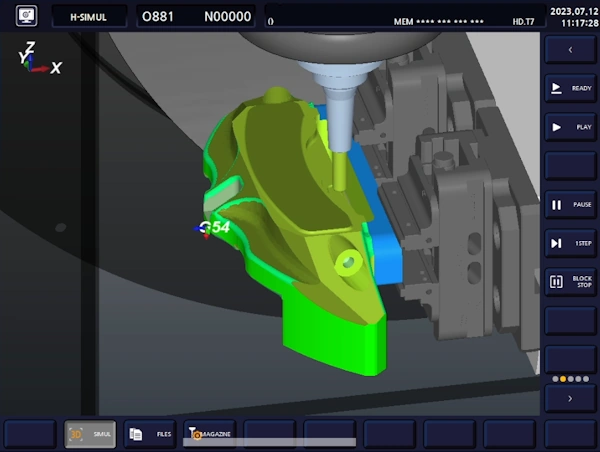 A five axis CNC machine simulation performed on the control in Hwacheon H-SIMUL_5x