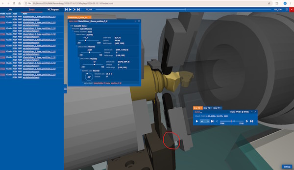An image showing a browser-based GUI inside Chrome, with a 3D model of the in-process stock on a complex mill-turn machining centre. A clash is shown, and a floating dialog allowing the user to replace the cuts either side of the clash.