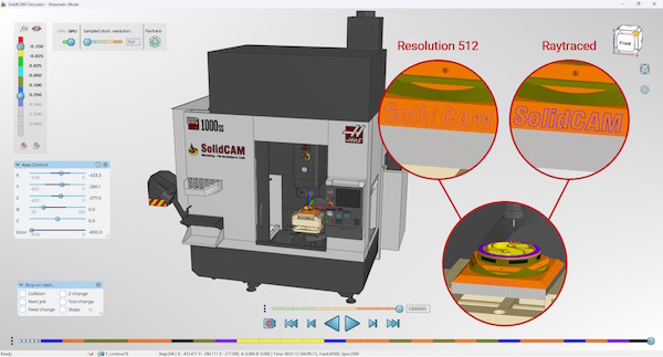 A screenshot of the SolidCAM simulator, showing a full machine simulation. There is an inset panel showing the visual quality of some thin letters in the stock model, which is poor due to the low tolerance used to create the model. Alongside is the same image of the same model but rendered using GPU raytracing, where the quality is extremely good.