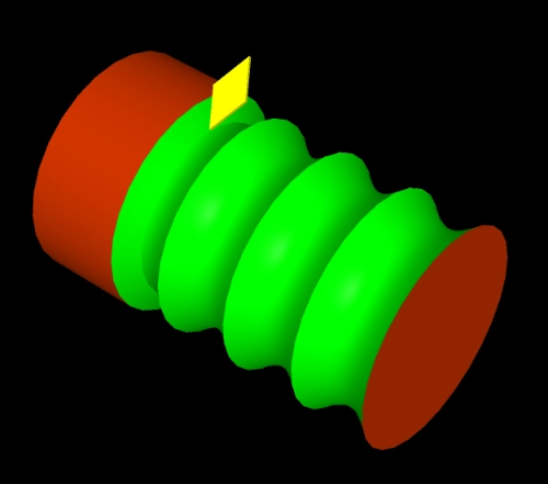 A simple CNC simulation comprising a cylindrcal stock being machined using B-axis turning with the plane of the cutter varying about the C-axis