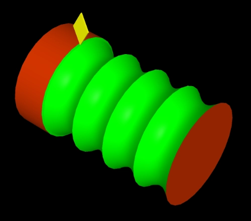 A simple CNC simulation comprising a cylindrcal stock being machined using B-axis turning with the plane of the cutter varying about the C-axis