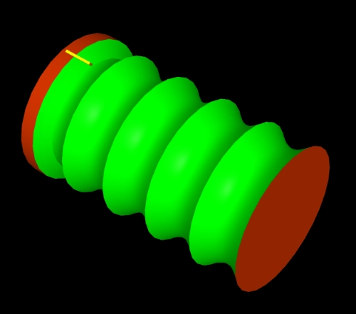 A simple CNC simulation comprising a cylindrcal stock being machined using B-axis turning with the plane of the cutter varying about the C-axis