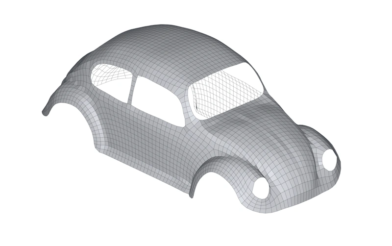 A 3D model of a Volkswagen beetle body that has been quad meshed by Polygonica