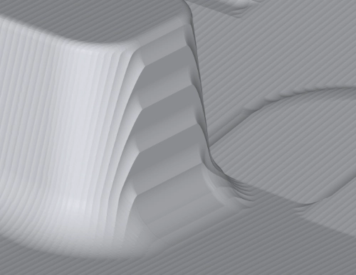 A closeup of a mesh model of the result of a MachineWorks GPU simulation of a large area mold, showing individual cusps and surface quality